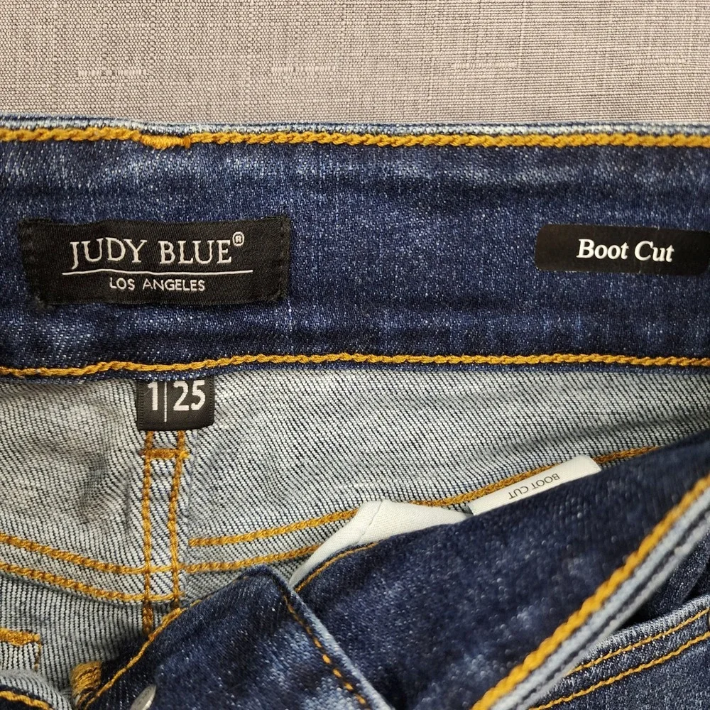 Judy Blue Distressed High Waisted Bootcut Jeans Dark Wash Raw Hem Size 1/25 - Picture 7 of 11
